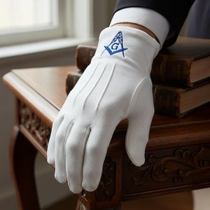 Gants en coton brodés maçonniques bleus avec motif carré et compas - [Blanc] Instructions d'entretien : Lavage à la main uniquement - Product Image 6