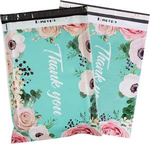 Sobres de Envío Ecológicos Impermeables de Poliéster, con Notas de Agradecimiento y Flores, Color Verde Azulado, 3 Mil, Resistentes, Autosellables - Product Image 1