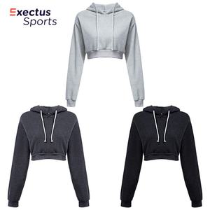 OEM <b>Grey</b> Pullover Hoodie for Women Custom French Terry Fleece with Puff Print Embroidered <b>Crop</b> <b>Top</b> Hooded Collar - Product Image 3