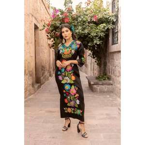 Women Black Embroidered Long Kurti <b>Dress</b> Floral Ethnic Mexican Style Kaftan Sleeve Straight Maxi <b>Kurta</b> - Product Image 1