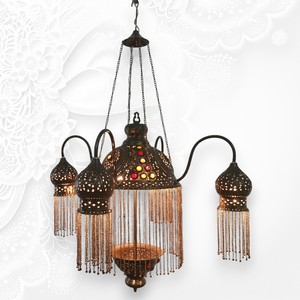 Lámpara Colgante Zahereen BR264 Tradicional Marroquí de Latón con 4 Pantallas Adornadas, E26, Ahorro de Energía, Dorada, Ajustable, para Hotel - Product Image 1
