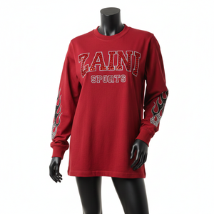 High Quality Cotton Long Sleeve T Shirt Smooth Jersey Fabric Deep <b>Red</b> Color Crystal HeatTransfer Logo Long Sleeve T Shirt Cotton - Product Image 1