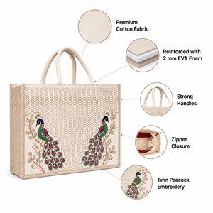Twin Peacock Embroidered Cotton Hamper <b>Gift</b> <b>Bag</b> with Zipper and Padded Lining - Product Image 1