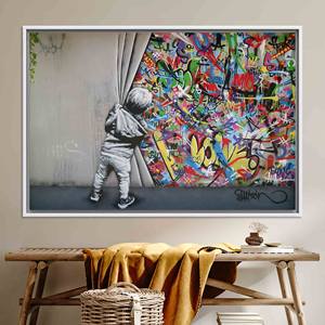 Toile imprimée : Art graffiti Banksy Boy, Décoration murale encadrée noire, TOILE ENCADRÉE BLANCHE - Product Image 1