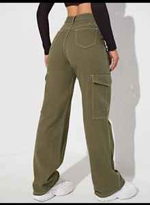 กางเกงยีนส์ทรงตรงเอวสูงสไตล์ลำลองสำหรับผู้หญิงยุโรป ผ้าเดนิมทรงคาร์โก้ ระบายอากาศได้ดี สีเขียวขี้ม้าแบบฟอก สไตล์สตรีทแวร์ - Product Image 3