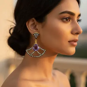 Boucles d'oreilles pendantes en forme d'éventail plaquées or et améthyste, boucles d'oreilles à clous en pierres précieuses, quartz, perles et diamants pour les occasions de mariage - Product Image 3