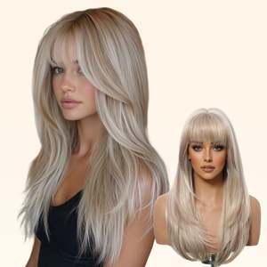 DWY NEWIN Tina Long-Length Glueless Synthetic <b>Wig</b> Layer-Cut Straight with Air Bangs Linen Brown with Light Brown Lace Highlights - Product Image 5