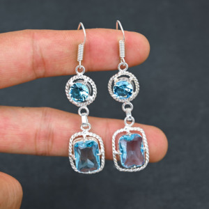 Topaze bleue de Londres créée en laboratoire 10X14 MM Octagone Lunette sertie à la main Boucles d'oreilles en argent sterling plaqué 1.90 Cadeau de fête - Product Image 1