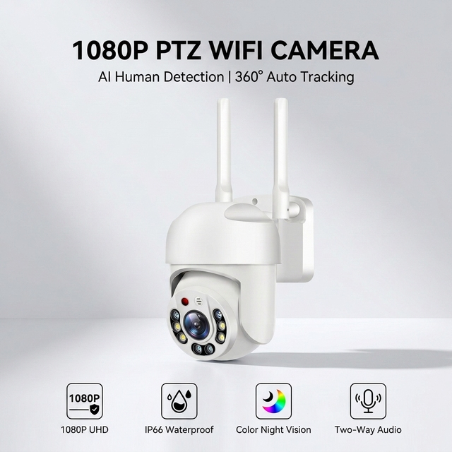 1080P WiFi PTZ Outdoor Security Camera Wireless AI Humanoid Detection Auto Tracking Color Night Vision Waterproof CMOS 2MP IP65
