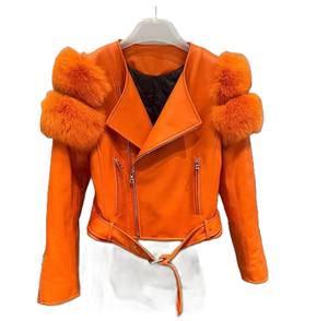 OEM <b>Women's</b> Casual <b>Woolen</b> Leather Jacket Fox Fur Trim Hooded Collar Zipper Closure Breathable Formal <b>for</b> Winter Season Size XS - Product Image 6