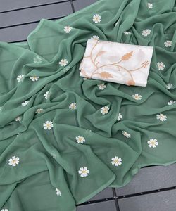 DERNIÈRE GEORGETTE FIL DE BRODERIE TRAVAIL SAREE AVEC CHEMISIER NON COUDU VÊTEMENT DE MARIAGE PRIX DE GROS VÊTEMENT ETHNIQUE VERT CLAIR - Product Image 1