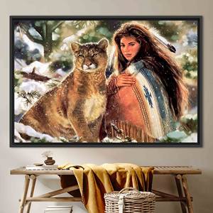 Printed Canvas: Native Woman & Big Cat American Artwork,1P:Black <b>Framed</b> - Product Image 1