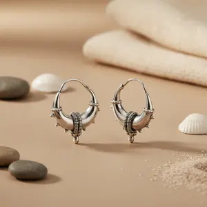 Boucle d'oreille créole en argent avec design tribal traditionnel, rhodiée, pour femme, avec or rose, diamant, perle, zircon, tendance, religieuse - Product Image 2