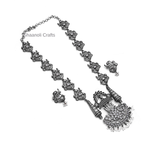 Handcrafted Vintage Women's Silver Oxidised Peacock Design <b>Long</b> <b>Necklace</b> Set Copper Drop Earrings for Anniversary Party Gift - Product Image 4