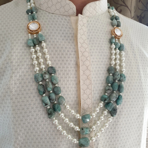 Pierre d'émeraude véritable pour hommes d'apparence royale avec perle bijoux de créateur de marié à trois couches pour la fête de fiançailles de mariage pour les hommes - Product Image 1