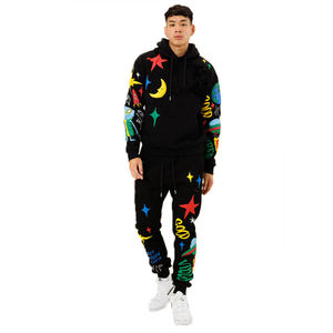 Custom Cotton Print Hoodie Puff Print Pant <b>Men</b> Tracksuit Stacked <b>Flared</b> <b>Mens</b> Two Pieces Jogger Sets - Product Image 1