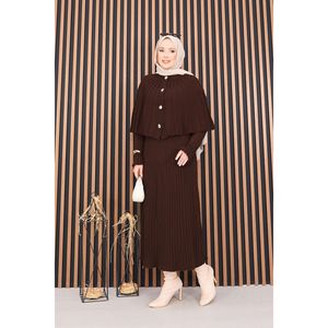 Ensemble décontracté deux pièces automne : Cape boutonnée et robe en maille imprimée avec hijab couleur café – Respirant et confortable - Product Image 6
