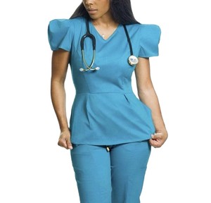 Custom Logo New Design Stretchy Soft Fabric Woman <b>Bubble</b> Sleeve Customized Hospital <b>Scrub</b> Uniform Sets - Product Image 1