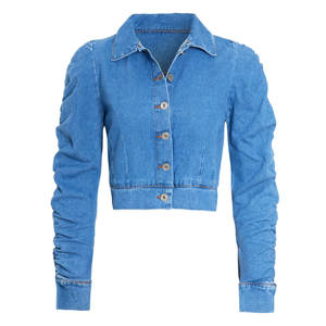 Hiver Automne Mode Femmes Taille 10 8 16 14 12 Manches Bouffantes Jeans Jacket Ladies Jean Crop Jackets Sky Blue - Product Image 1