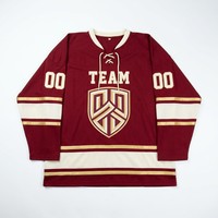 Jersey Hoki Es Sublimasi Kustom Burgundy Cream Stripe Lace up Large Mesh Oversized OEM
