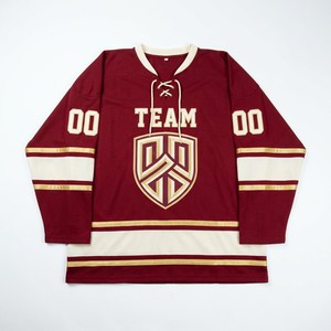 Maillot de hockey sur glace personnalisé sublimé, rayures bordeaux et crème, à lacets, maille large, surdimensionné, OEM - Product Image 1