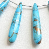 Perle allongée en turquoise cuivrée bleue, 35 mm environ, lisse et polie, trou de 0,50 mm, pierre certifiée par un tiers, pour bijoux
