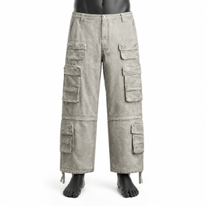 Pantalons cargo pour hommes les plus vendus en gros, pantalons cargo beige délavés, pantalons cargo de haute qualité à jambes larges, pantalons multi-poches pour hommes, streetwear - Product Image 1
