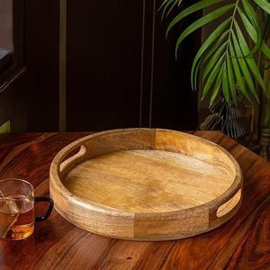 Plateau de service en bois pour thé et café avec poignées Plateau de service rond en bois d'acacia Assiette en bois pour la nourriture - Product Image 1