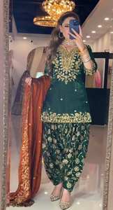 Conjunto de Salwar Dhoti con Dupatta, Seda Chinon Pesada, Bordado con Lentejuelas de 5 mm, Estilo Vintage, Holgado, Cintura Natural, Traje de Trabajo Otoñal, Color Sólido, Mini - Product Image 3