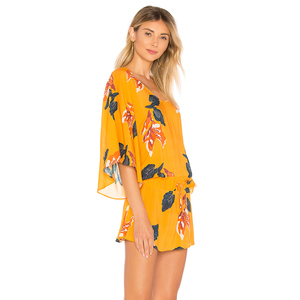 Yellow Floral Print Chiffon V Neck Loose <b>Boho</b> Mini <b>Dress</b> with Flutter Sleeve Drawstring Waist <b>Summer</b> Casual Outdoor Wear - Product Image 1