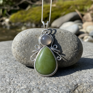 Pendentif en pierre verte plaqué argent sterling Collier à double pierre fait main pour femme - Product Image 2