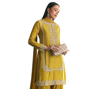 Abito in seta senape Kurta Sharara con paillettes e ricamo Cutdana per matrimoni all'ingrosso ricevimenti Sangeet e OEM etnico - Product Image 2