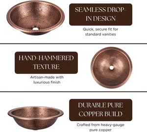 DIVRIS Lavabo vasque en cuivre fait main, simple bac, finition brossée mate, moderne, pour salle de bain, monotrou, épaisseur 1,0-1,2 mm, couleur personnalisable, facile à installer - Product Image 6