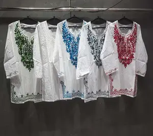 Топ из хлопчатобумажной ткани с вышивкой, белый цвет, летняя одежда разных размеров для женщин, индийское платье, GC-AP-931, L,XL