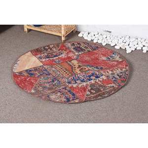 พรมขนสัตว์แนววินเทจทำด้วยมือผืนใหญ่สีแดงสีน้ำเงินผ้าปะต่อด้านหลังเป็นนามธรรมสี่เหลี่ยมสำหรับห้องนั่งเล่น Hallway-3.4 x 3.4ฟุต - Product Image 3