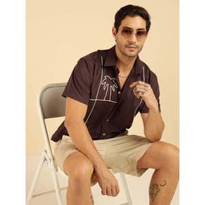 Amanush <b>Men's</b> Brown Short Sleeve Casual Shirt With Palm Tree Print Turn-down Collar Breathable Fabric Summer Wear <b>Mens</b> Shirts - Product Image 1