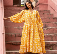 Robe évasée mi-longue pour femme, faite main, 100% coton, écologique, col bateau, ourlet bulle, imprimé floral, décontractée, pour l'extérieur