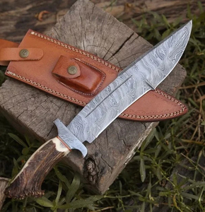 Couteau de chasse Bowie à pointe tombante en acier Damas fait main, personnalisé, vente en gros OEM, manche en bois exotique vert, embout en laiton, étui en cuir - Product Image 3
