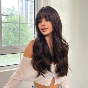 Isla-DWY High Quality Synthetic Lace <b>Wig</b> Brown <b>Long</b> Wavy <b>Wig</b> with Light Brown Bangs Loose Wave Style for Women - Product Image 3