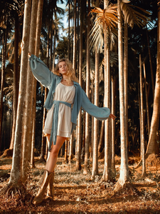 <b>Blue</b> Boho <b>Top</b> with Puff <b>Sleeves</b> One Size Knitted Shirt <b>Long</b> Plain Dyed Cover up with Belt Solid Pattern Outwear - Product Image 6