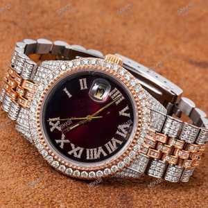 Montre en diamant moissanite bicolore à quartz de luxe de qualité supérieure avec cadran en chiffres romains Sunburst Wine Red - Product Image 1