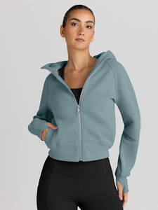 Sweat à capuche coupe ajustée à manches longues décontracté à la mode pour femmes avec polaire de couleur unie imprimé sur mesure de haute qualité - Product Image 3