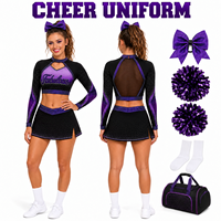 Set Seragam Cheerleading Kustom Hitam Ungu Berhias Rhinestone Kerah Mock Neck Lengan Panjang Rok Mini Belahan Tinggi Set Pakaian Tim Cheer