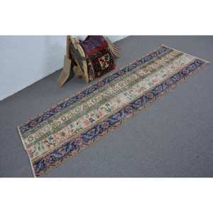 Vintage 2.4 X 7.5ft <b>Turkish</b> <b>Rug</b> Beige Black Classic Large Area Rectangle Wool Latex Backing Abstract Patchwork for Hallway Room - Product Image 2