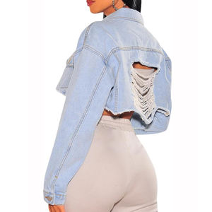 Chaqueta vaquera transpirable con botones de los fabricantes OEM, chaqueta vaquera corta con bolsillo delantero de lavado de alta calidad para mujer - Product Image 6