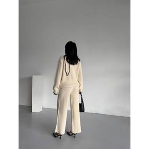 Mybeefashion Women's Beige Shawl Collar Knit Two-Piece Set with Cardigan Top and Wide Leg <b>Pants</b>, <b>Wool</b> Blend Loungewear - Product Image 3