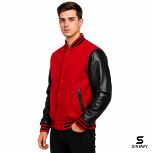 Veste universitaire rouge pour homme SINEWY, manches en cuir PU, col montant, vêtement décontracté pour l'automne - Product Image 1