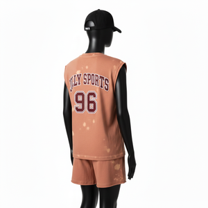 Women <b>Sleeveless</b> Mesh Jersey T <b>Shirt</b> And Short Set Soft Breathable Fabric Washed Brown Heat Press Logo 100% Cotton Women's Sets - Product Image 5