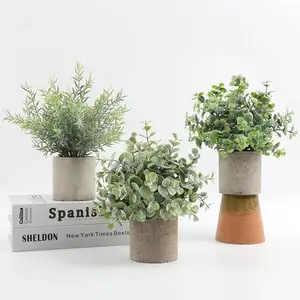 DS501Mini Potted Faked Plant Faux Plastic Small Eucalyptus Rosemary Plant in Pot for Bathroom Kitchen Farmhouse Room Decor