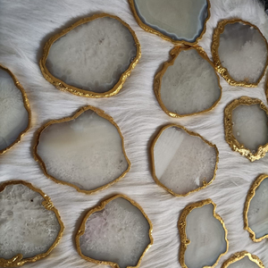 Natural White Agate <b>Coaster</b> <b>Gold</b> Plated Polished Gemstone Drink <b>Coaster</b> Luxury Home Decor Wedding Gift Wholesale Supplier - Product Image 1